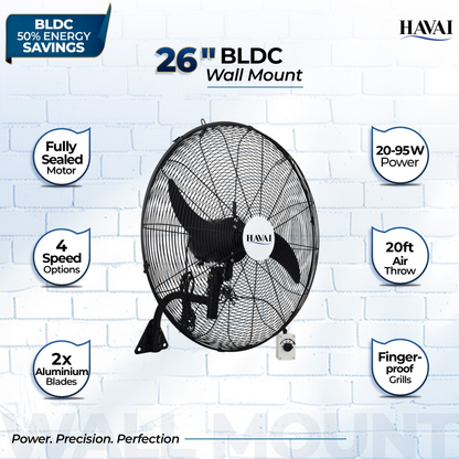 BLDC Wall Mount Fan 26 inch, 50% Savings on Electricity, High Velocity, Heavy Duty Metal for Industrial, Commercial and Residential Use, Assembly Included