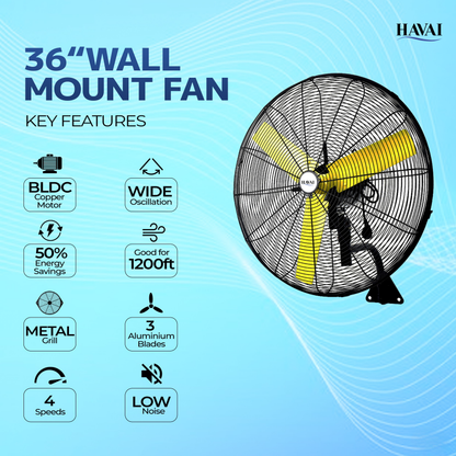 HAVAI BLDC Wall Mount 36 Inch, 50% Savings On Electricity, High Velocity, Heavy Duty Metal For Industrial, Commercial And Residential Use, Assembly Included , Black