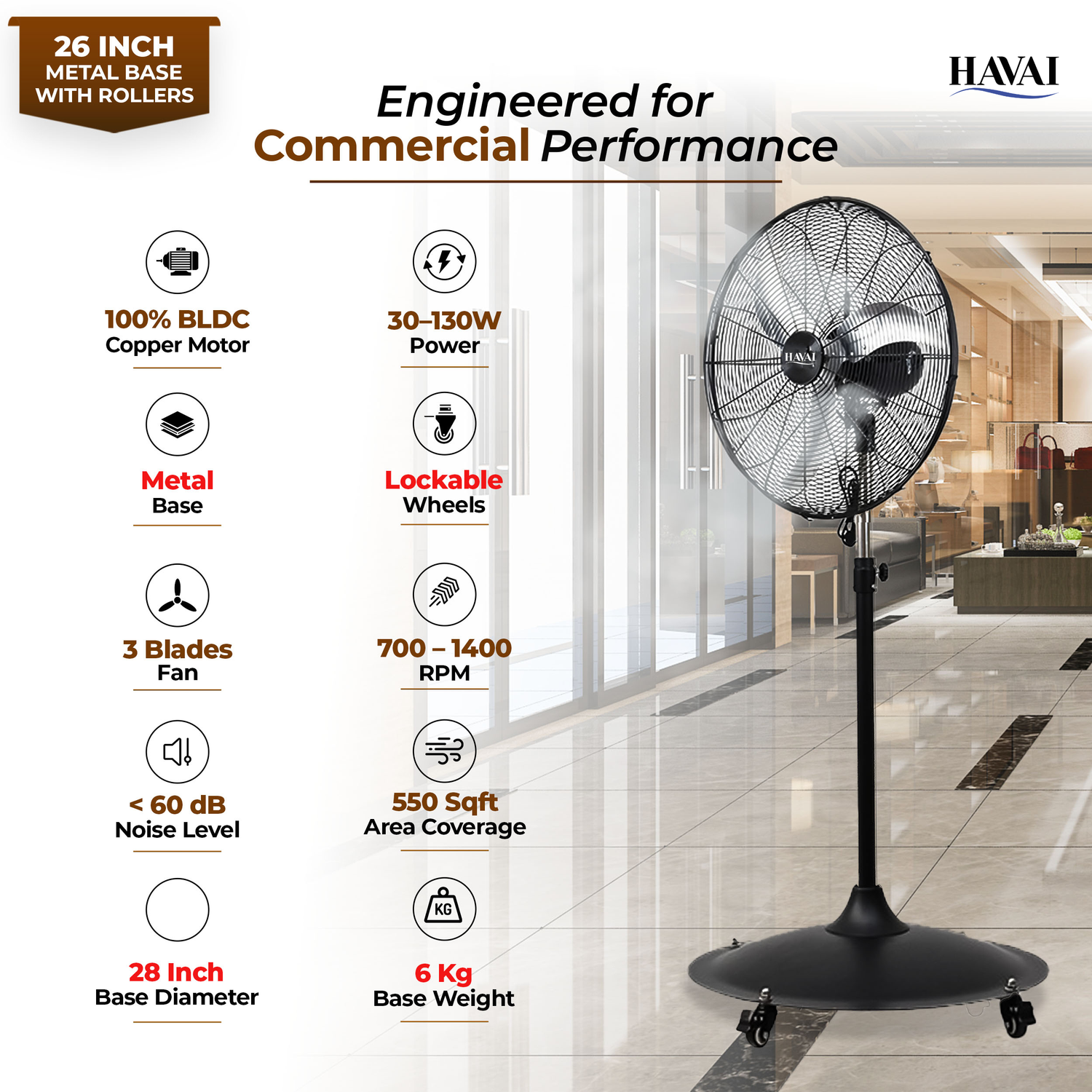 Havai 26-Inch Commercial BLDC Pedestal Fan (30–130W) | 2mm Aluminium Blades | Heavy-Duty Metal Base with 4 Lockable Industrial Wheels | Fingerproof Grill | High Airflow | 2-Year On-Site Warranty