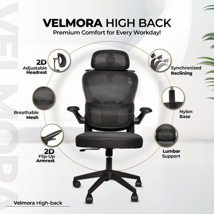 HAVAI Velmora Ergonomic Office Chair | High Back Mesh Chair with Reclining Mechanism, Adjustable Armrest, Headrest &amp; Lumbar Support | Nylon Base &amp; Wheels | Executive/WFH Chair (Black)