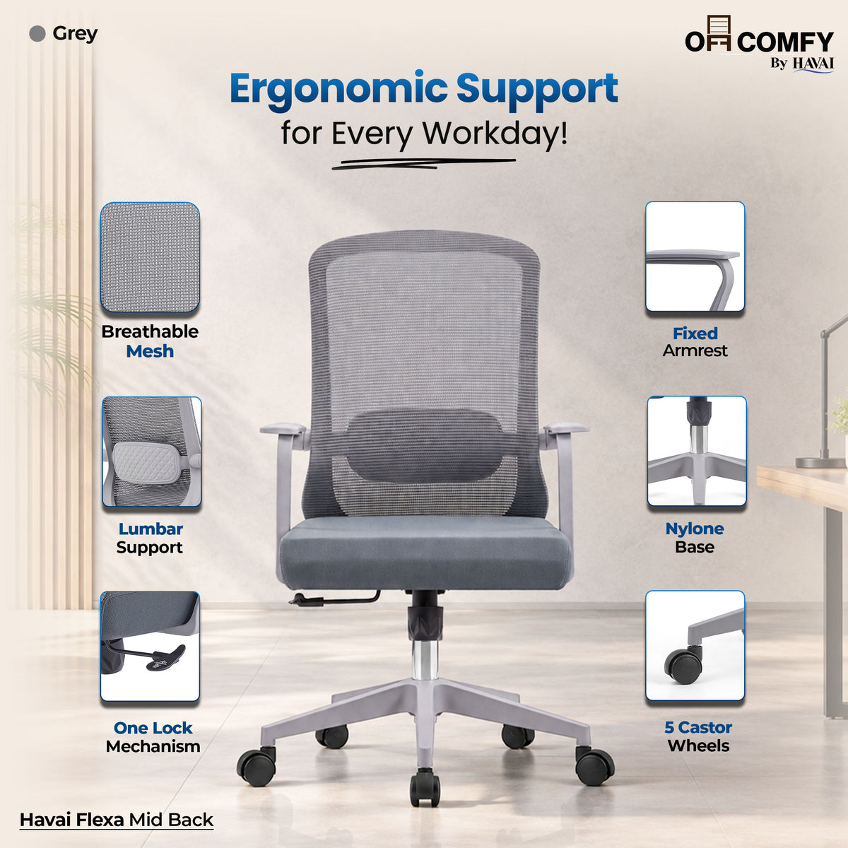 Havai Flexa Mid Back Executive Office Chair | Ergonomic Mesh - Grey