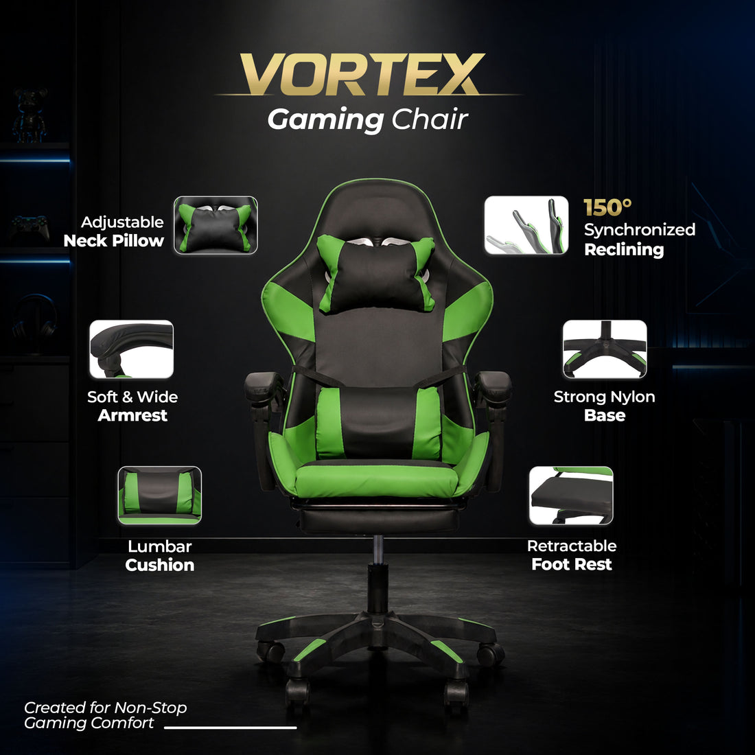 HAVAI Vortex GREEN Gaming Chair | Ergonomic High Back Computer Chair with Linkage Armrests | Reclining &amp; Folding Backrest | Premium 0.55mm PVC Upholstery | High Density Foam Cushion | Class 1 Gas Lift | 320mm Nylon Base | (Green &amp; Black)
