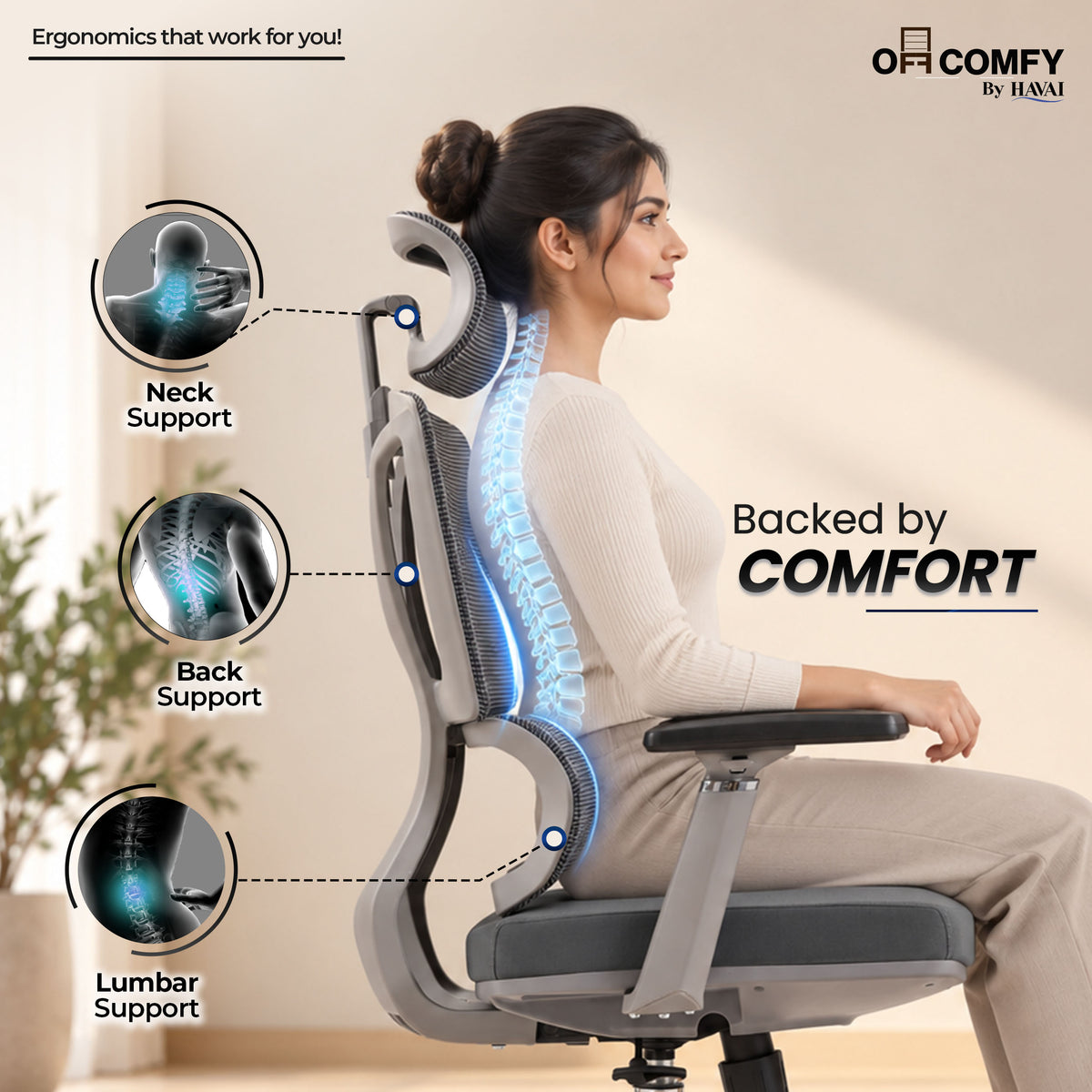 Havai AeroFlex High Back Office Chair | Ergonomic High Back Mesh | Adjustable Headrest | Lumbar Support | Reclining Function | Height Adjustable | 2D Adjustable Armrests | Comfortable Cushioned Seat | Chrome Five-Star Base | Smooth Rolling Casters | Grey