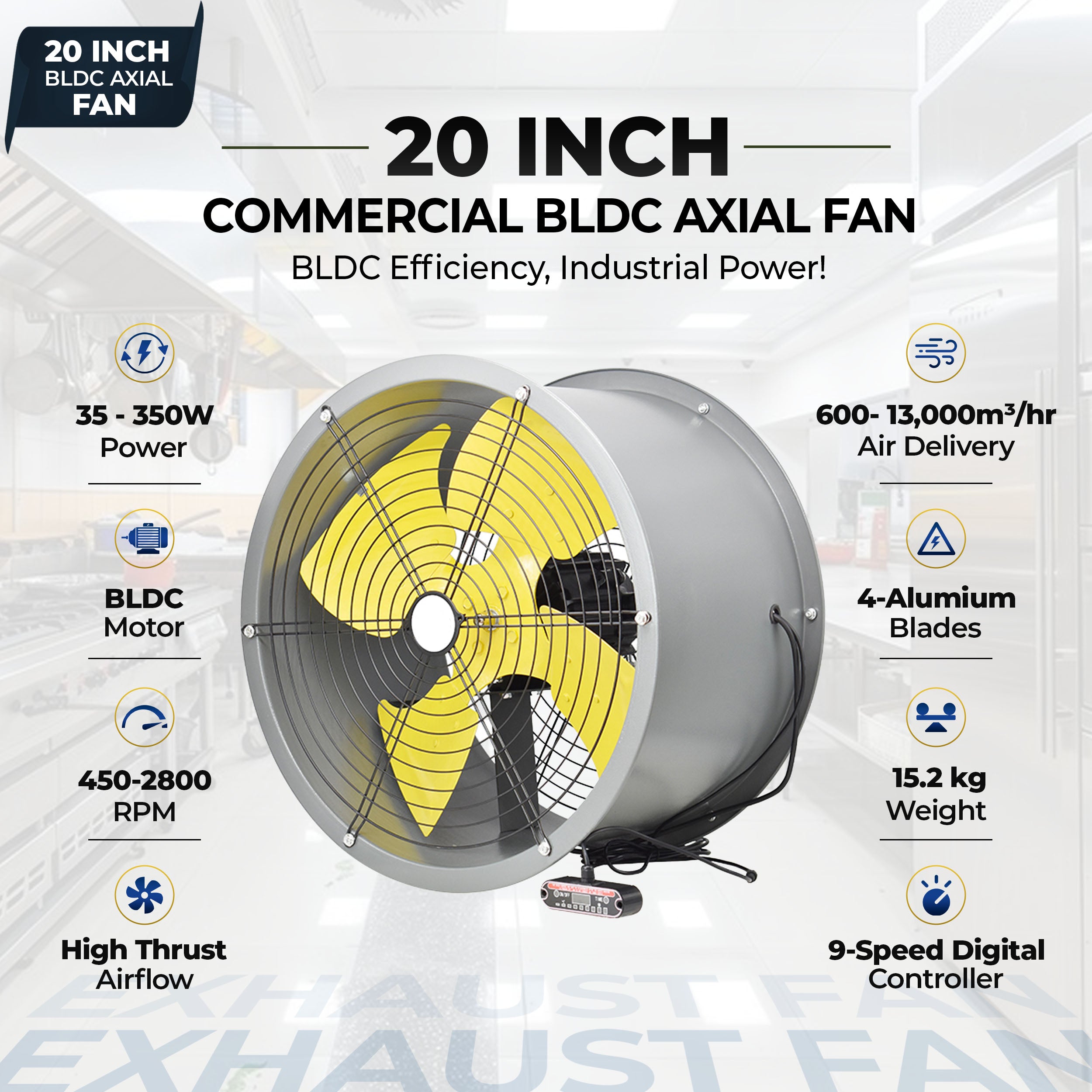 20-Inch Heavy Duty BLDC Axial Fan | Maintenance-Free BLDC Motor | 4-Leaf 2mm Aluminium Blades | 9-Speed Digital Controller | 600–13,000 m³/hr | 35W–350W | 2-Year Warranty