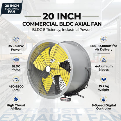 20-Inch Heavy Duty BLDC Axial Fan | Maintenance-Free BLDC Motor | 4-Leaf 2mm Aluminium Blades | 9-Speed Digital Controller | 600–13,000 m³/hr | 35W–350W | 2-Year Warranty