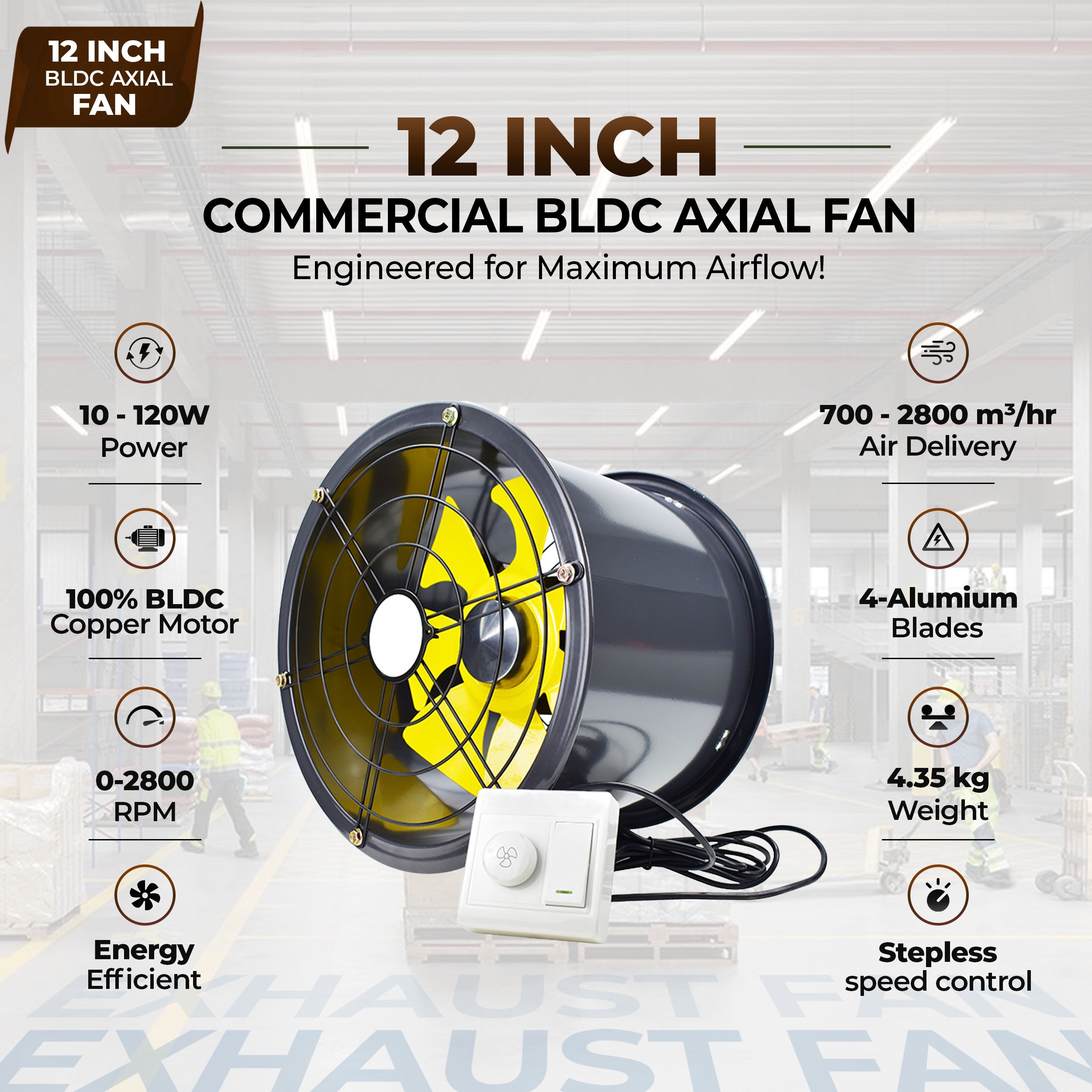 12-Inch Commercial BLDC Axial Fan | Stepless Speed Control | Aluminium Alloy Blade | Low Noise | 700–2800 m³/h Air Volume | 40–80% Energy Saving | Maintenance-Free BLDC Motor | 2-Year Warranty