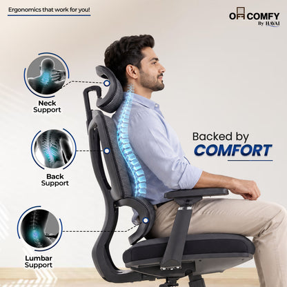 Havai AeroFlex High Back Office Chair | Ergonomic High Back Mesh | Adjustable Headrest | Lumbar Support | Reclining Function | Height Adjustable | 2D Adjustable Armrests | Comfortable Cushioned Seat | Chrome Five-Star Base | Smooth Rolling Casters | Black