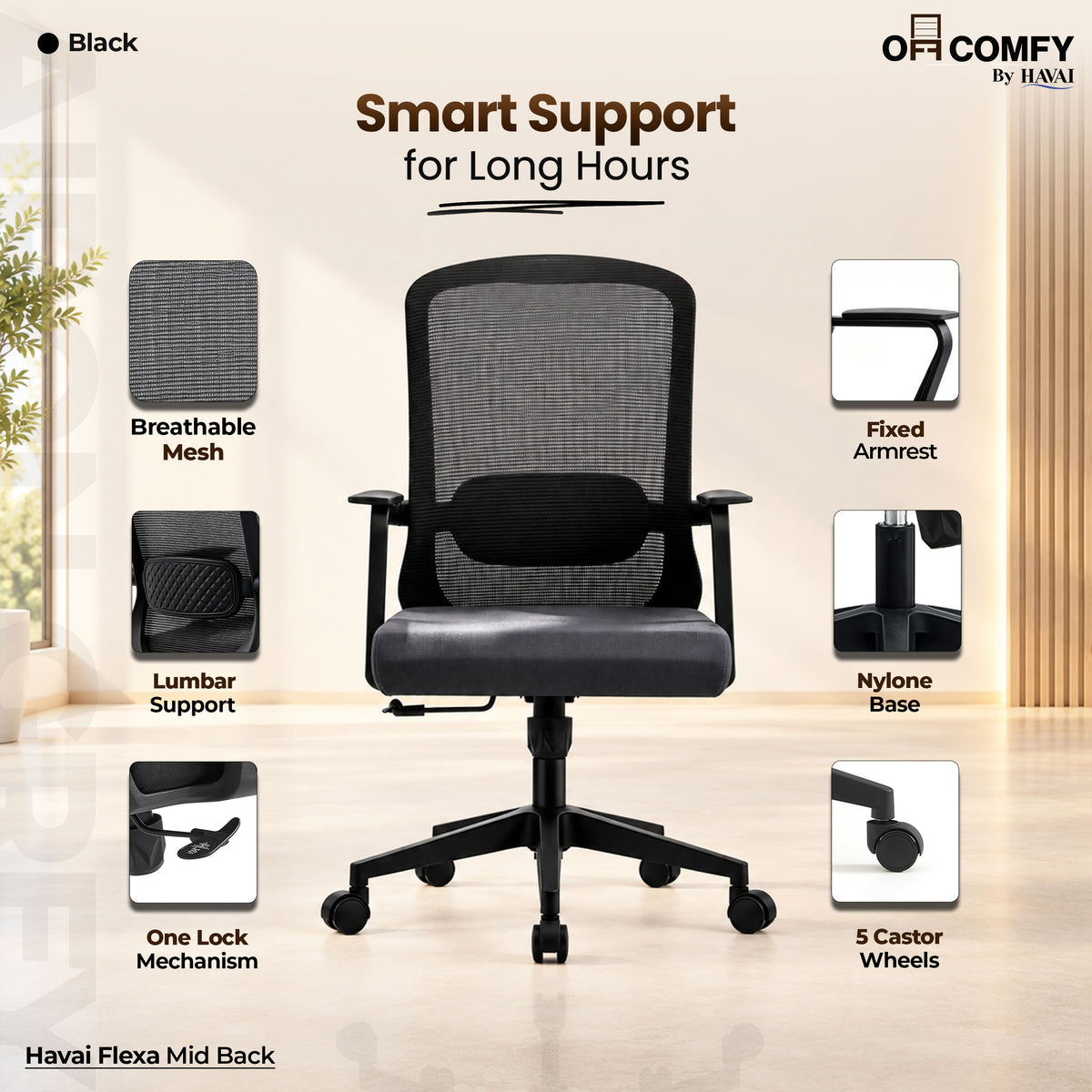Havai Flexa Mid Back Executive Office Chair | Ergonomic Mesh - Black