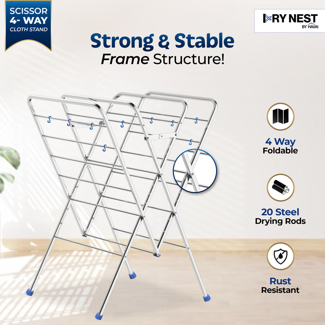 HAVAI DRY NEST 3kg Heavy Duty Premium Cloth Drying Stand | 4-Way Foldable Stainless Steel Clothes Dryer | 20 Rods with Hanger Hooks | 30kg Load Capacity | Strong &amp; Stable | 2 Year Warranty