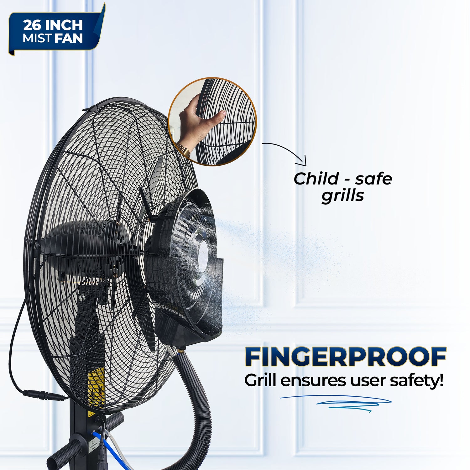 26″ Commercial Mist Fan, 260W Copper Motor | 10m Spray | Manual Mist Control | Aluminium Blade | Finger-Proof Grill | 41L Tank | Fixed 6ft Height | 48-Hour Installation &amp; 1-Year Warranty