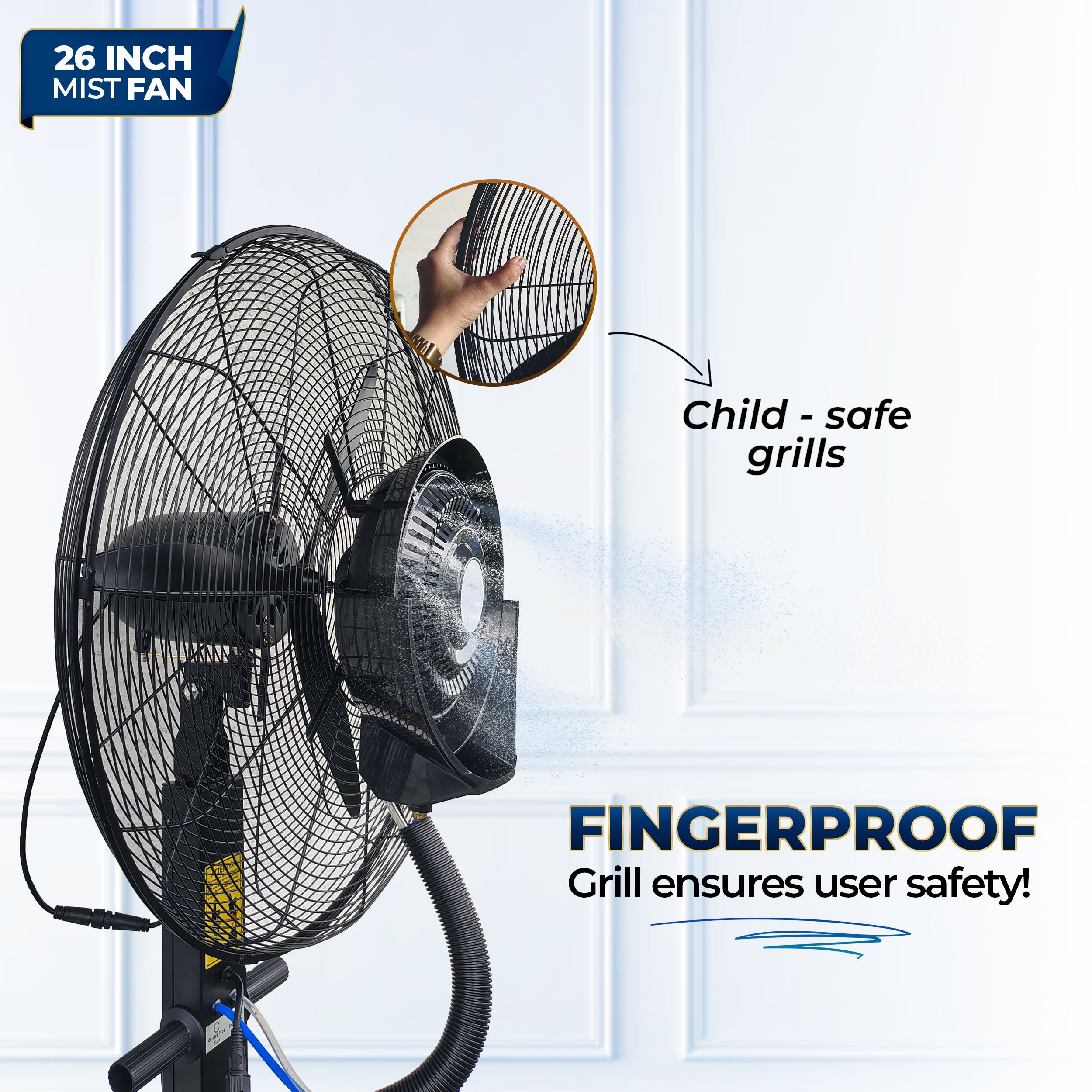 26″ Commercial Mist Fan, 260W Copper Motor | 10m Spray | Manual Mist Control | Aluminium Blade | Finger-Proof Grill | 41L Tank | Fixed 6ft Height | 48-Hour Installation &amp; 1-Year Warranty