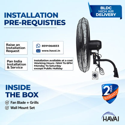 HAVAI 30&quot; BLDC High-Speed Wall-Mount Fan – 3-Blade Design, Energy Efficient (20W-135W), 700-1400 RPM, 18,000 M³/Hr Airflow, 75-Foot Air Throw, 4-Speed Control, 2-Year Warranty