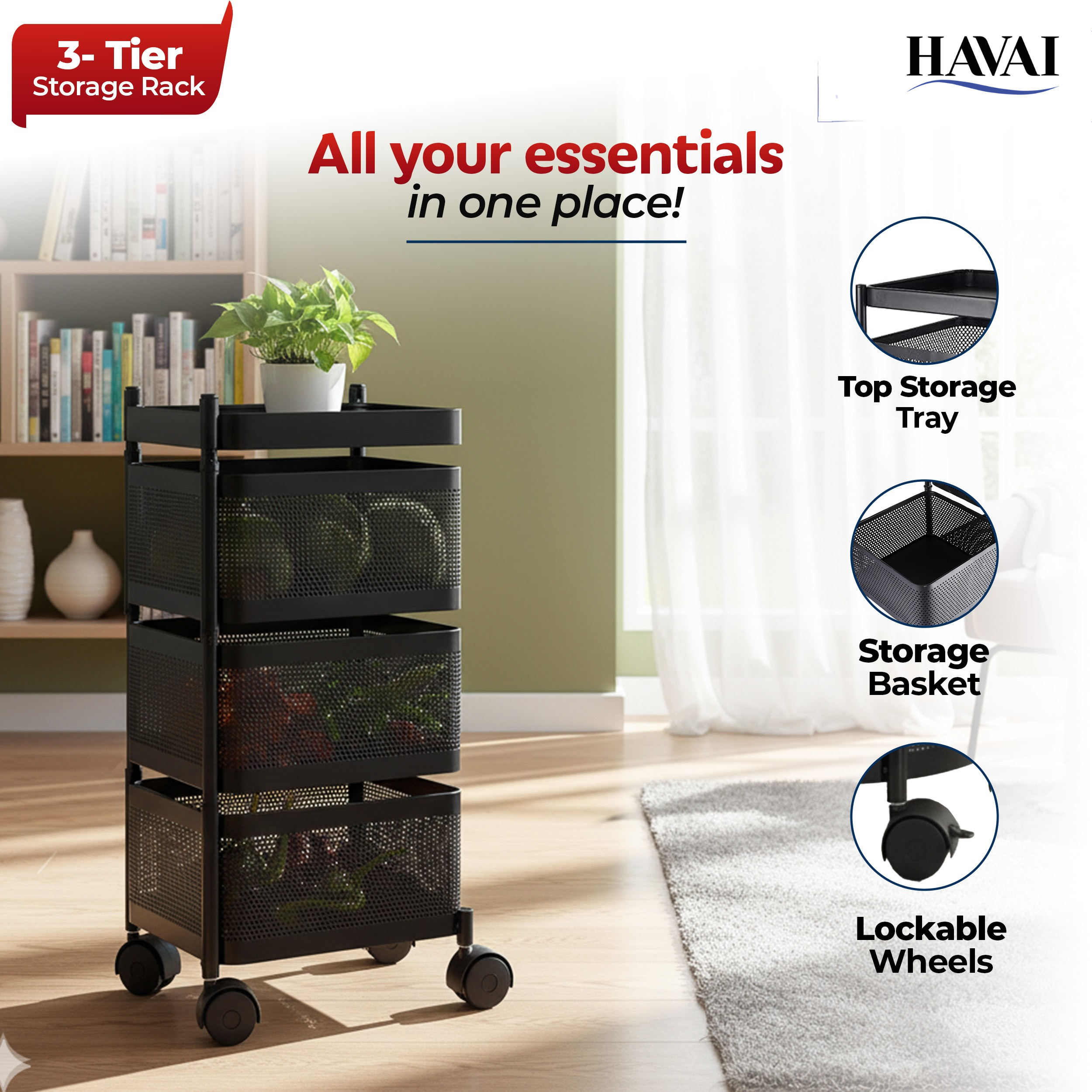 Havai 3 Tier Square Rolling Kitchen Storage Rack | Sturdy Metal Frame | Space-Saving Utility Shelf – Black