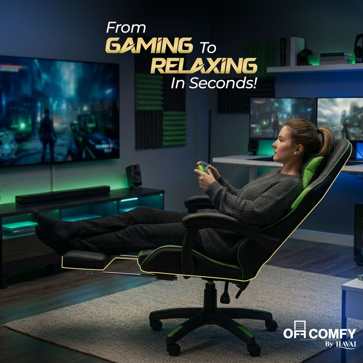 HAVAI Vortex GREEN Gaming Chair | Ergonomic High Back Computer Chair with Linkage Armrests | Reclining &amp; Folding Backrest | Premium 0.55mm PVC Upholstery | High Density Foam Cushion | Class 1 Gas Lift | 320mm Nylon Base | (Green &amp; Black)