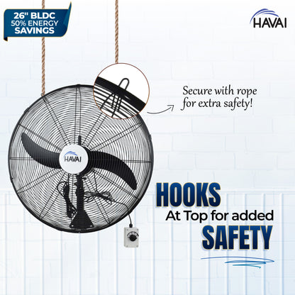 HAVAI BLDC Wall Mount Fan 26 inch, 50% Savings on Electricity, High Velocity, Heavy Duty Metal for Industrial, Commercial and Residential Use, Assembly Included