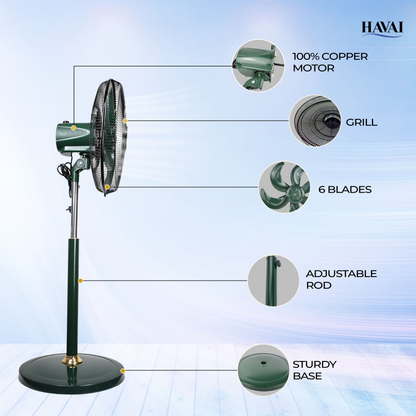 HAVAI BLDC 18" Pedestal Fan, Soundless, 50% Savings On Electricity, High Velocity,For Commercial And Residential Use, Assembly Included , Green - Without Remote