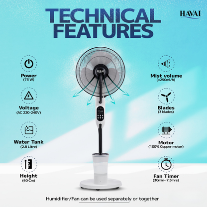 HAVAI Blu Mist Pedestal Fan – 16" Residential Mist Fan | Remote Control | 2.8 Litre Tank | Installation Included (White, Pack of 1)