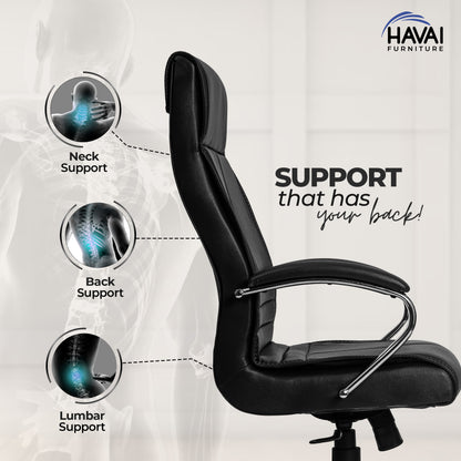 HAVAI Nova High Back Office Chair | Premium Leather | Ergonomic Executive Chair with Single Lock Tilt Mechanism |  Chrome Steel Base &amp; Arms | Class 4 Gaslift | 50mm Casters  | High-Density Cushioned Seat &amp; Back (Black)