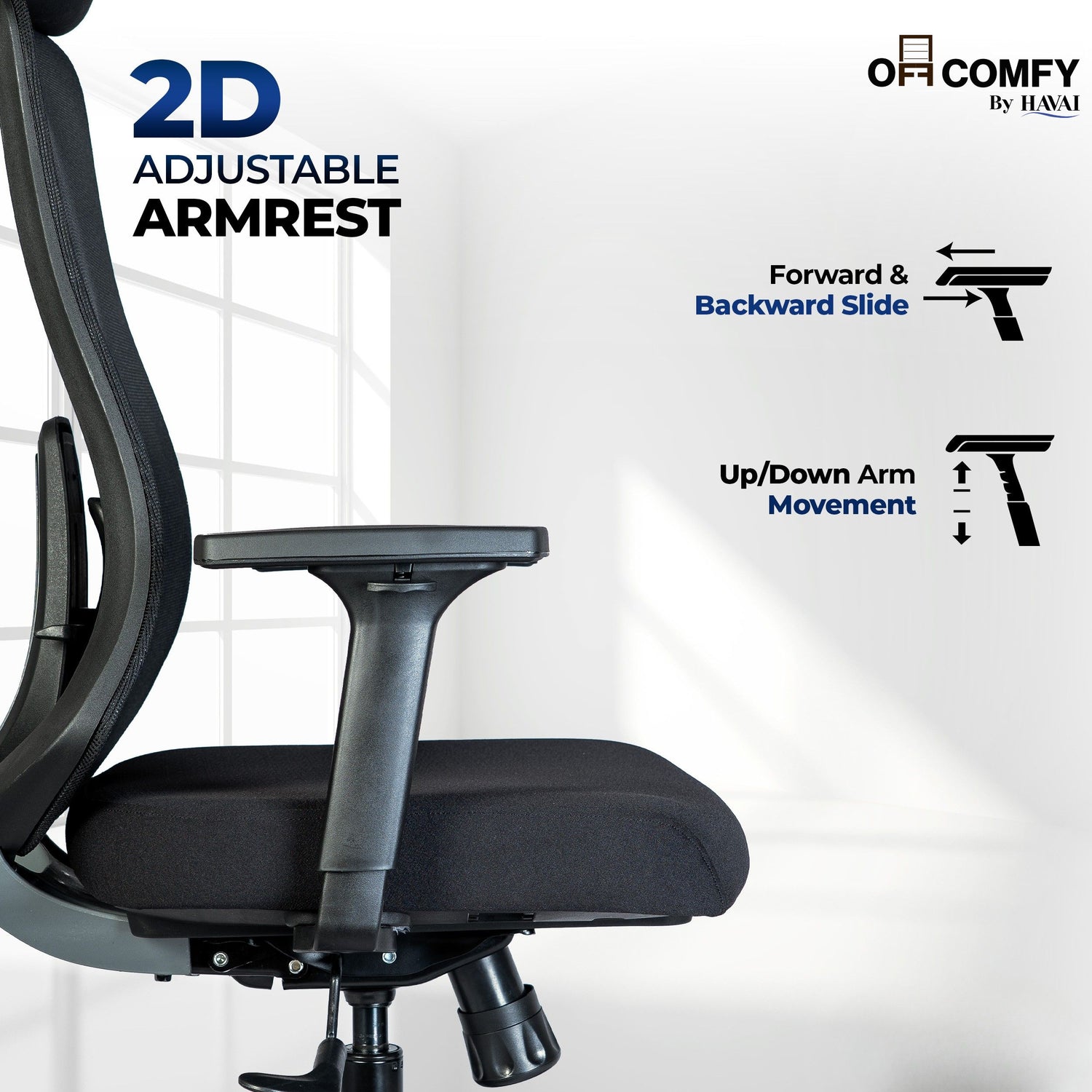 Off Comfy by HAVAI - Bolt Black Ergonomic Office Chair |  Yuva Mesh Back | 4D Arms with PU Pad | 1D Lumbar Support |  Auto Weight Mechanism with 4-Point Lock | Seat Slider | Crystal Chrome Base | 60mm Castors