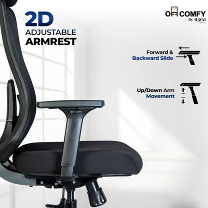 Off Comfy by HAVAI - Bolt Black Ergonomic Office Chair |  Yuva Mesh Back | 4D Arms with PU Pad | 1D Lumbar Support |  Auto Weight Mechanism with 4-Point Lock | Seat Slider | Crystal Chrome Base | 60mm Castors