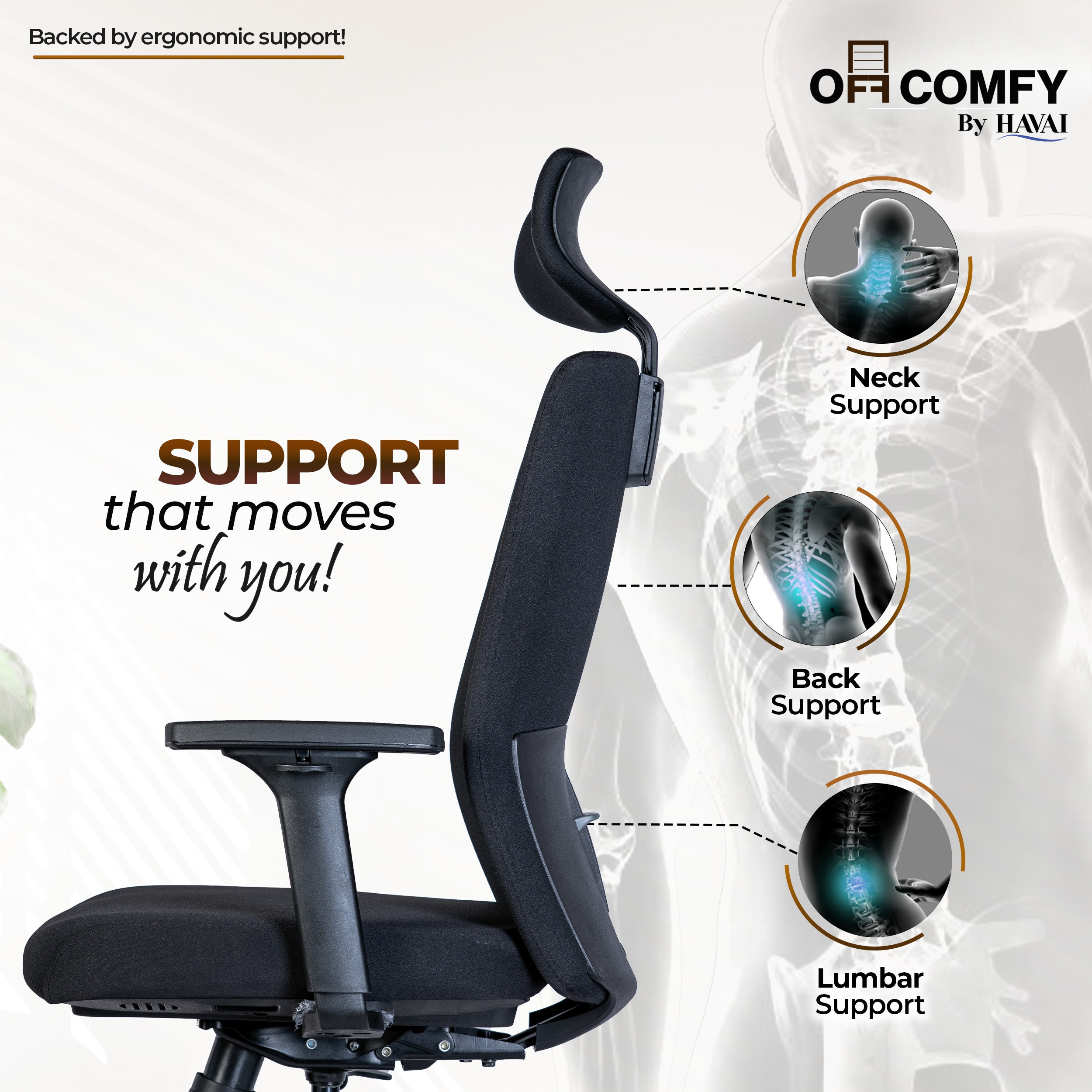 Off-Comfy by HAVAI Swift High Back Ergonomic Office Chair | Fixed Headrest | 3D Adjustable Armrest | Lumbar Support | Synchronized Recline | Chrome Base | Work from Home &amp; Office Chair