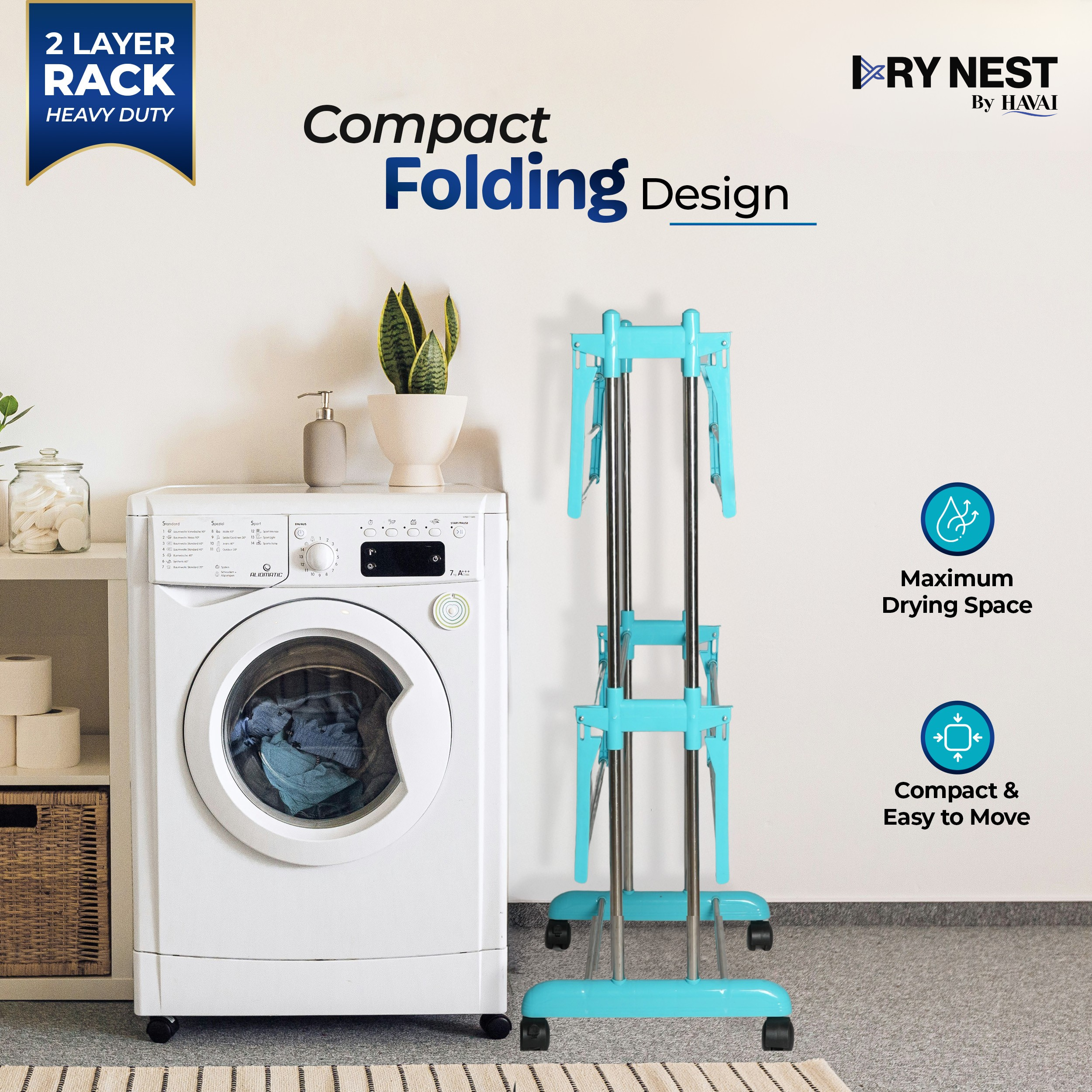 HAVAI DryNest 3.7 KG Premium Clothes Drying Stand with Wheels | Heavy-Duty Rust-Free Steel &amp; Strong Steel Rods | 2-Layer Foldable Jumbo Rack | Portable &amp; Balcony-Friendly