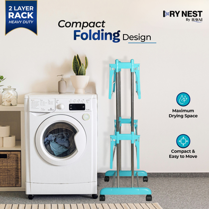 HAVAI DryNest 3.7 KG Premium Clothes Drying Stand with Wheels | Heavy-Duty Rust-Free Steel &amp; Strong Steel Rods | 2-Layer Foldable Jumbo Rack | Portable &amp; Balcony-Friendly