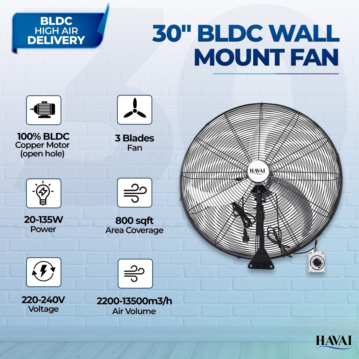 Havai 30" BLDC High-Speed Wall-Mount Fan – 3-Blade Design, Energy Efficient (20W-135W), 700-1400 RPM, 18,000 M³/Hr Airflow, 75-Foot Air Throw, 4-Speed Control, 2-Year Warranty