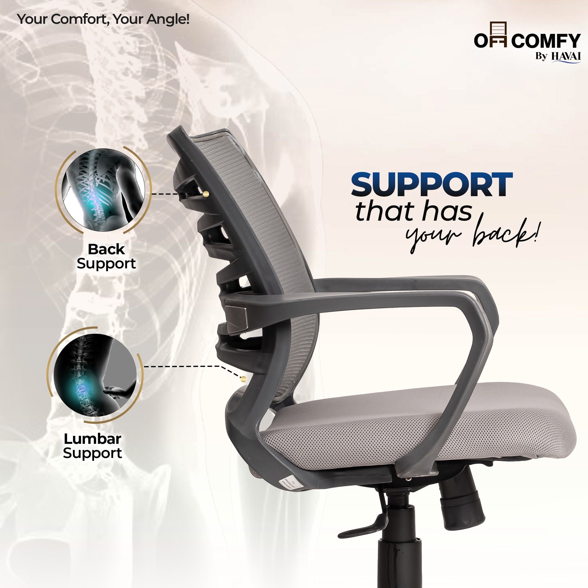 Navy Grey Low Back Ergonomic Mesh Office Chair |  Single Lock Tilt Mechanism | Mild Steel EPC Base | Class 4 Gaslift  | Fixed Armrests | 50mm Casters | Breathable Mesh Back