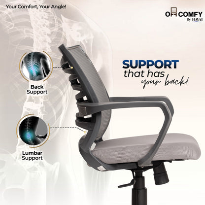Navy Grey Low Back Ergonomic Mesh Office Chair |  Single Lock Tilt Mechanism | Mild Steel EPC Base | Class 4 Gaslift  | Fixed Armrests | 50mm Casters | Breathable Mesh Back