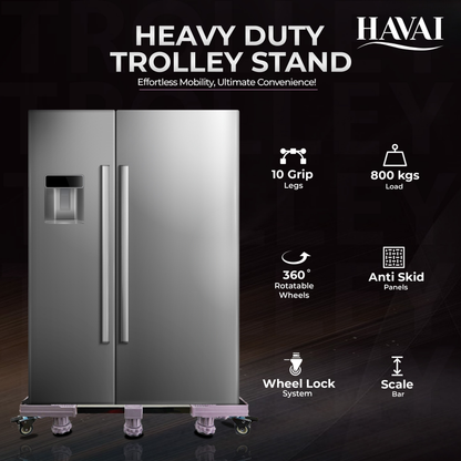 HAVAI Premium Trolley Stand with Wheels for Heavy Duty Side by Side Refrigerator, Double Door Refrigerator: Colour - Bluish Grey, 800 Kgs (10 Grip, 4 Wheels)