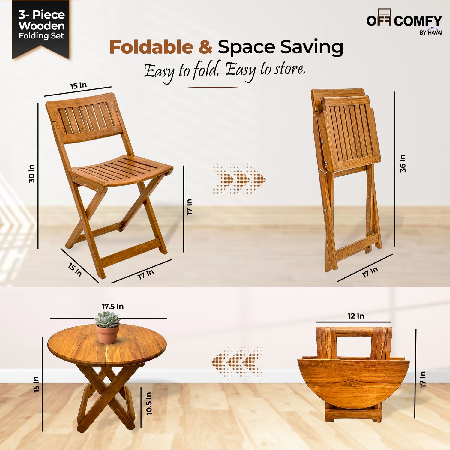 HAVAI Teakwood Foldable Balcony Furniture Set | 2 Chairs &amp; 1 Table | Premium Solid Teak Wood Outdoor Patio Set | Garden, Balcony, Terrace &amp; Cafe Furniture | Pre-Assembled Natural Wood Finish (BROWN)