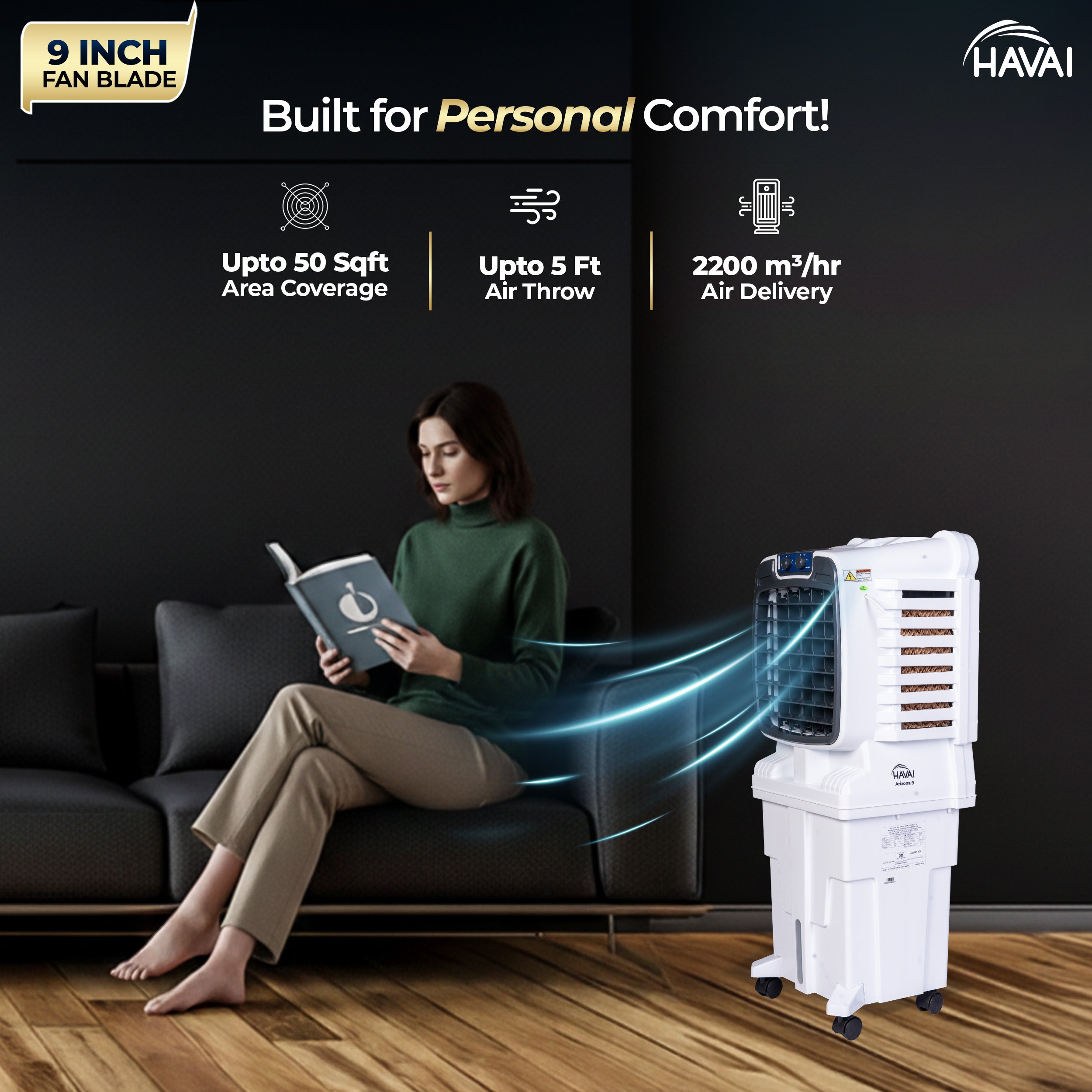 HAVAI Arizona 9 Personal Air Cooler | 9-Inch Blade | 25L Tank | 3-Side Honeycomb Pads | Motorised Louvers | White