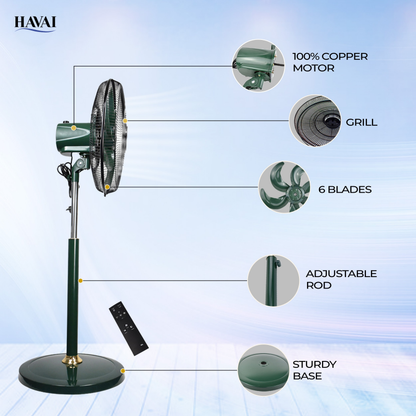 HAVAI BLDC 18" Pedestal Fan, Soundless, 50% Savings On Electricity, High Velocity,For Commercial And Residential Use, Assembly Included , Green - With Remote
