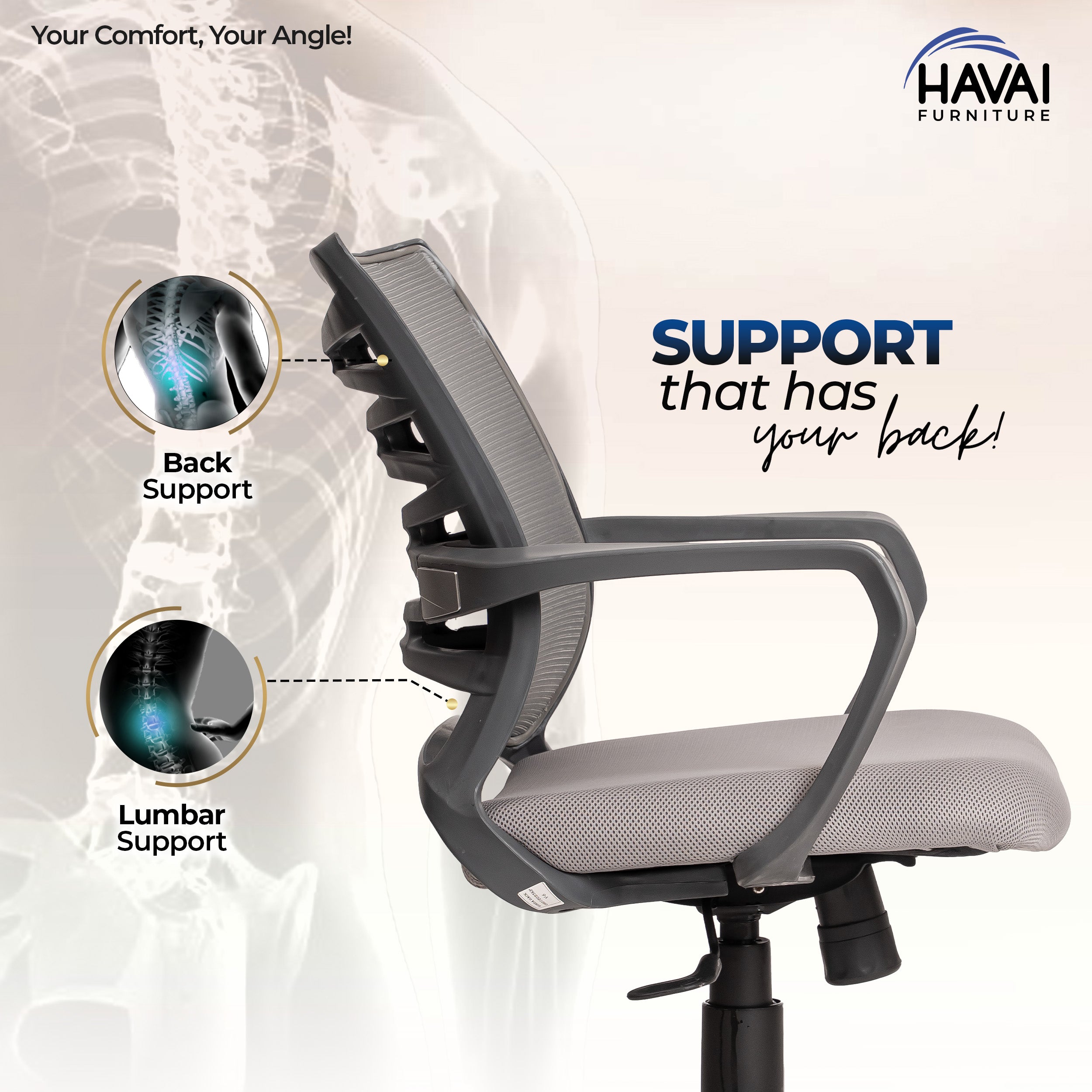HAVAI Navy Grey Low Back Ergonomic Mesh Office Chair |  Single Lock Tilt Mechanism | Mild Steel EPC Base | Class 4 Gaslift  | Fixed Armrests | 50mm Casters | Breathable Mesh Back