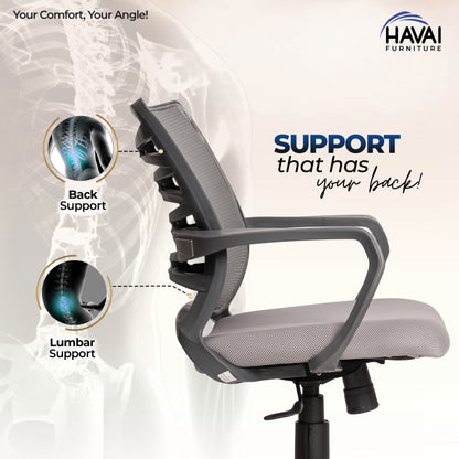 HAVAI Navy Grey Low Back Ergonomic Mesh Office Chair |  Single Lock Tilt Mechanism | Mild Steel EPC Base | Class 4 Gaslift  | Fixed Armrests | 50mm Casters | Breathable Mesh Back