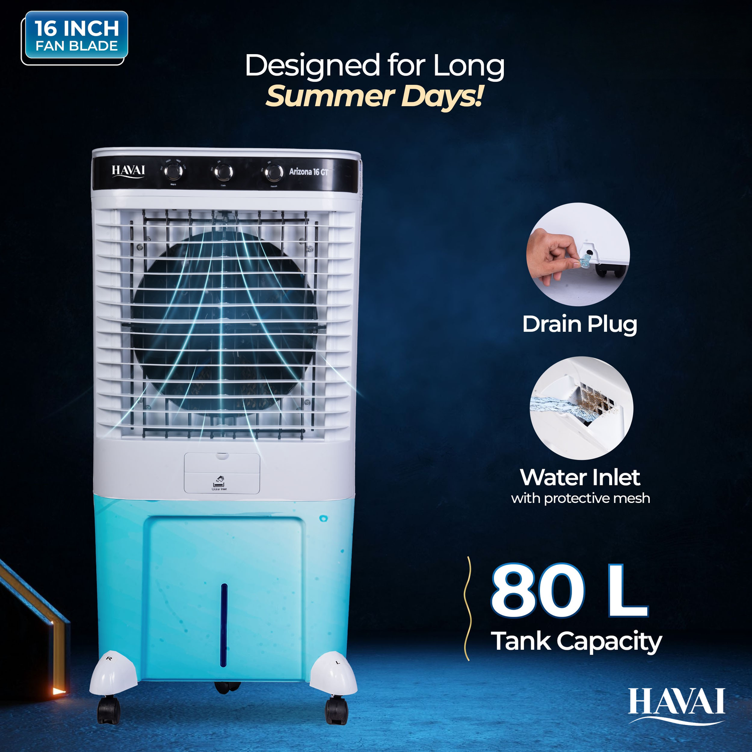 HAVAI Arizona 16 GT Desert Air Cooler | 80L Tank | 16” Aerodynamic Fan | 3-Side Thick Honeycomb | Glass Top with Ice Chamber | Smart Dust-Filter Inlet | 5 Castors | 3300 m³/hr | 1 Year On-Site Warranty