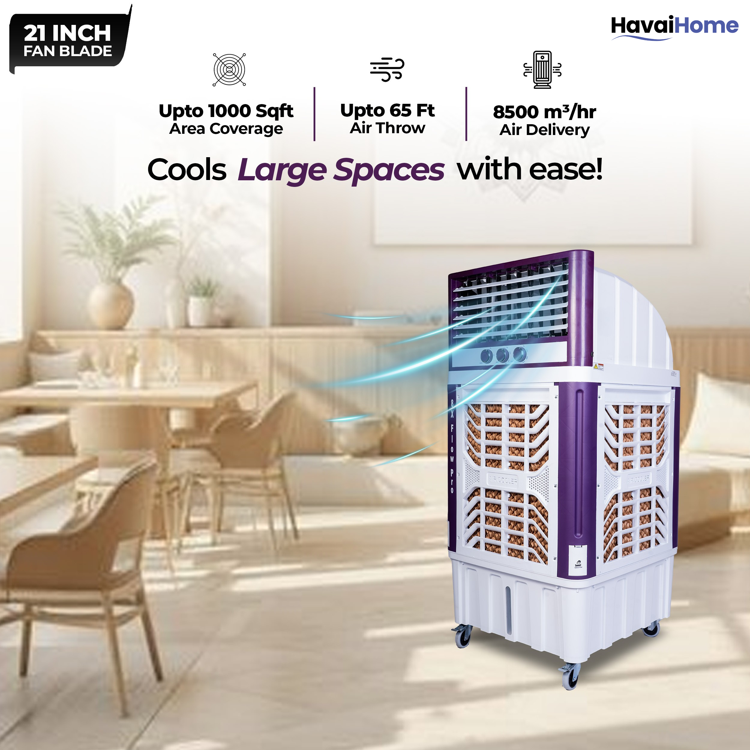 HAVAI 8X Flo Pro Plastic Body Duct Air Cooler | 100L Tank | 21” 4-Leaf Fan | 8500 m³/hr Airflow | 30 ft Air Throw | Double Ball Bearing Motor | 4-Side Honeycomb Cooling