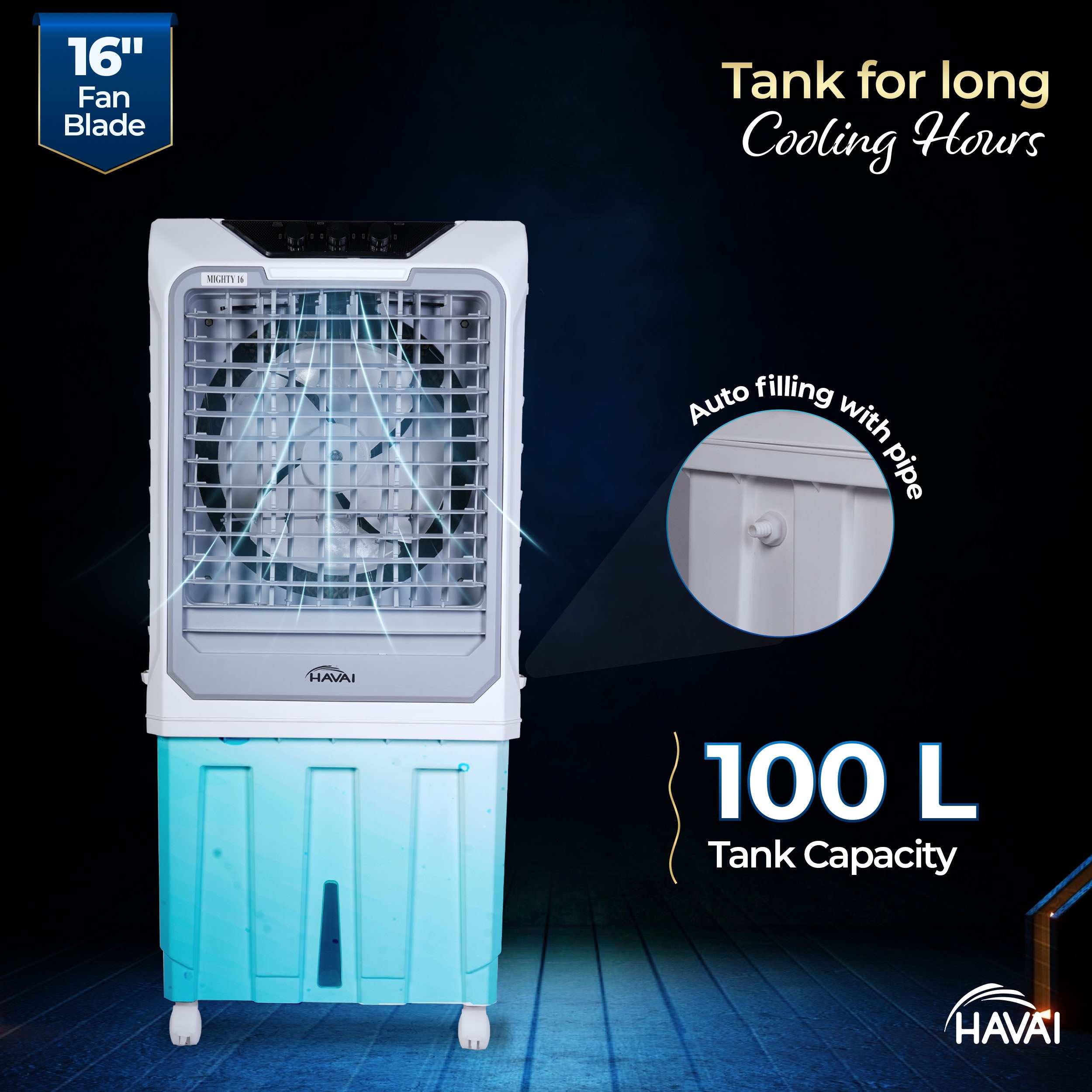 HAVAI Mighty 16 Desert Air Cooler | 16 Inch Special Bent-Edge Blade, 100L Tank, 5190 m³/hr Air Delivery | Covers 350 Sq Ft | Honeycomb Pads, Aluminium Motor, Closed Louvers, Wheels | White &amp; Grey