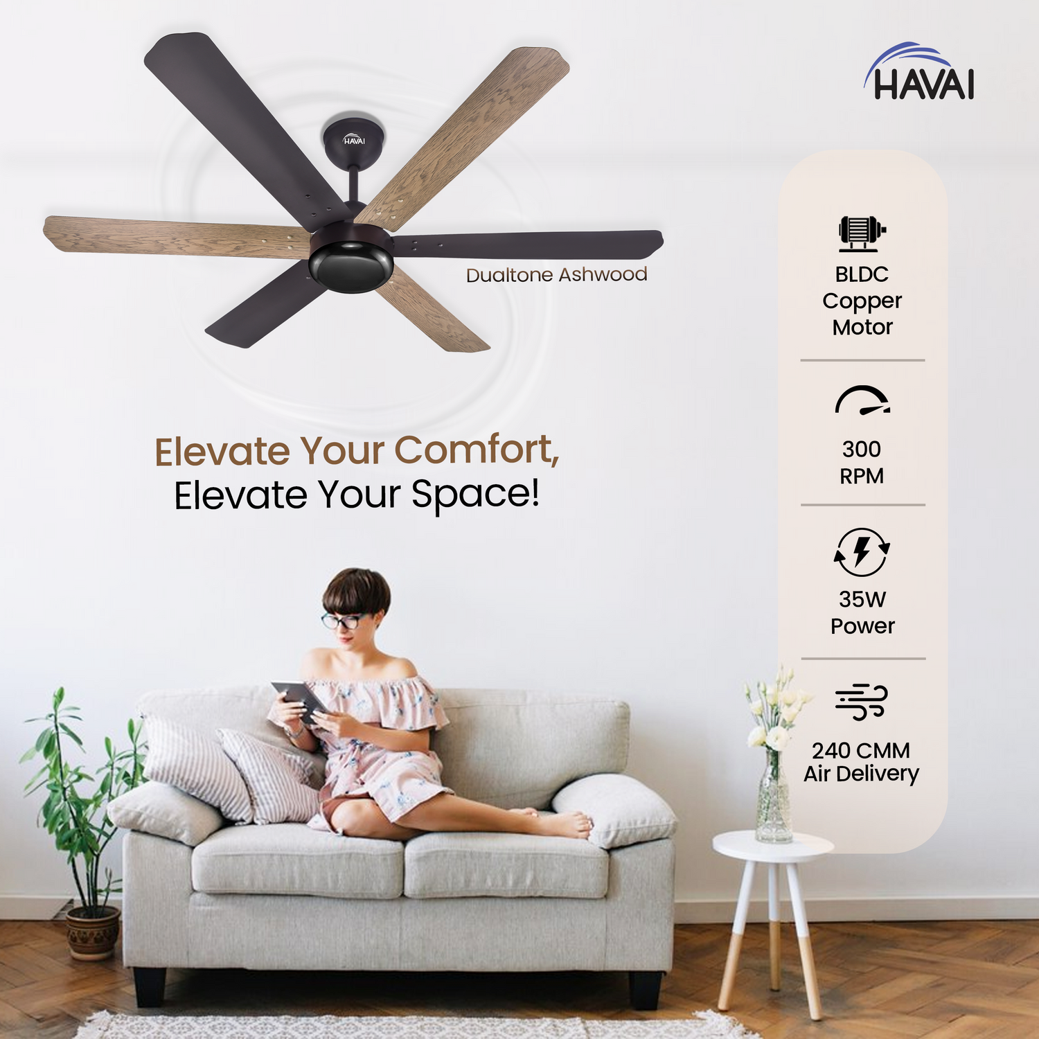 HAVAI Pristine Dualtone Range BLDC Ceiling Fan - 6 Blades - 35W, Ashwood and Smoke Brown 1200mm Blade with Remote (Black Motor – 0.5W LED)