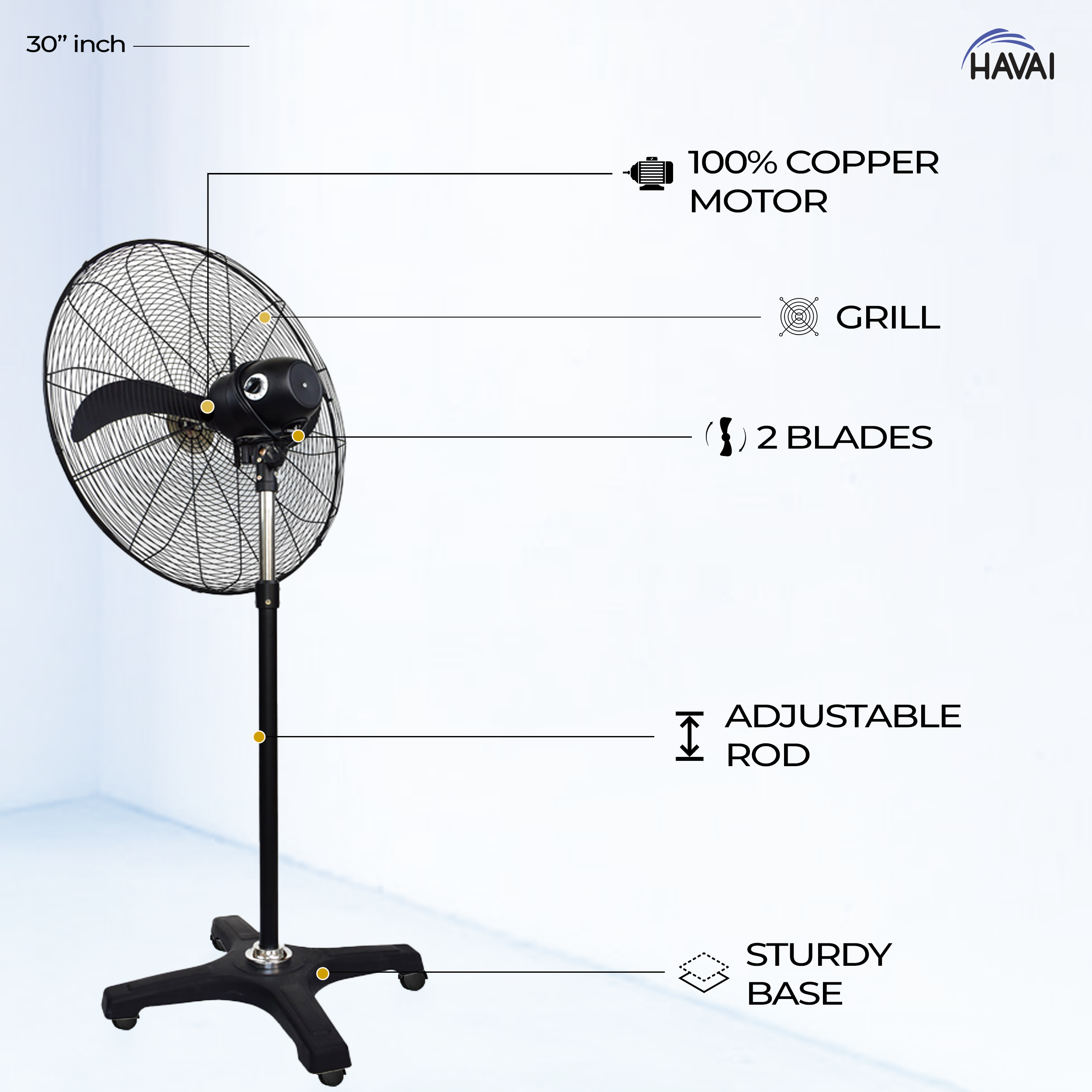 Havai BLDC Pedestal Fan 30 Inch, 50% Savings On Electricity, High Velocity, Heavy Duty Metal For Industrial, Commercial And Residential Use, Assembly Included , Black