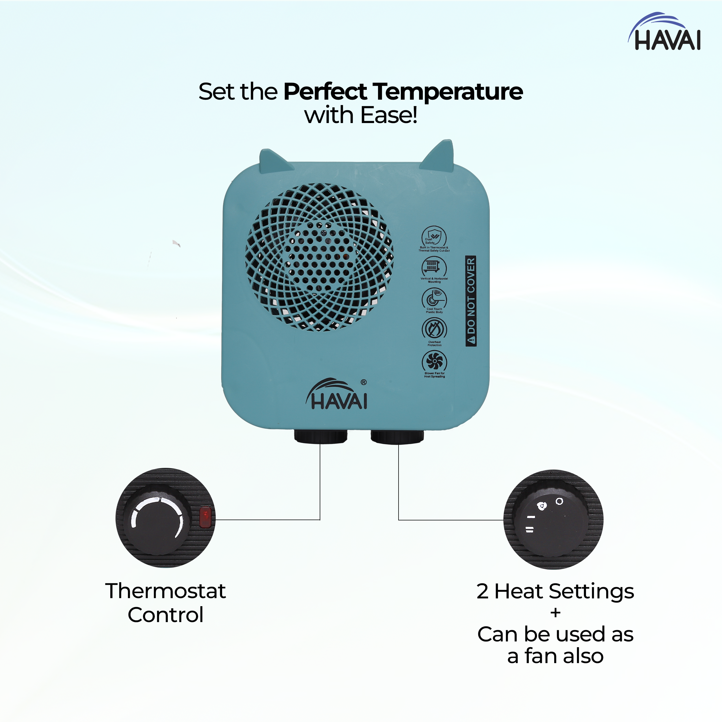 HAVAI Ace Pro Fan Heater 2000/1000 Watts Room Heater with Handle (ISI Certified) Green