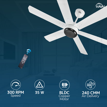 HAVAI Spinel BLDC Ceiling Fan - 6 Blades – Black Motor - 35W, 1200mm Blade with Remote – 0.5W LED (Pearl White)