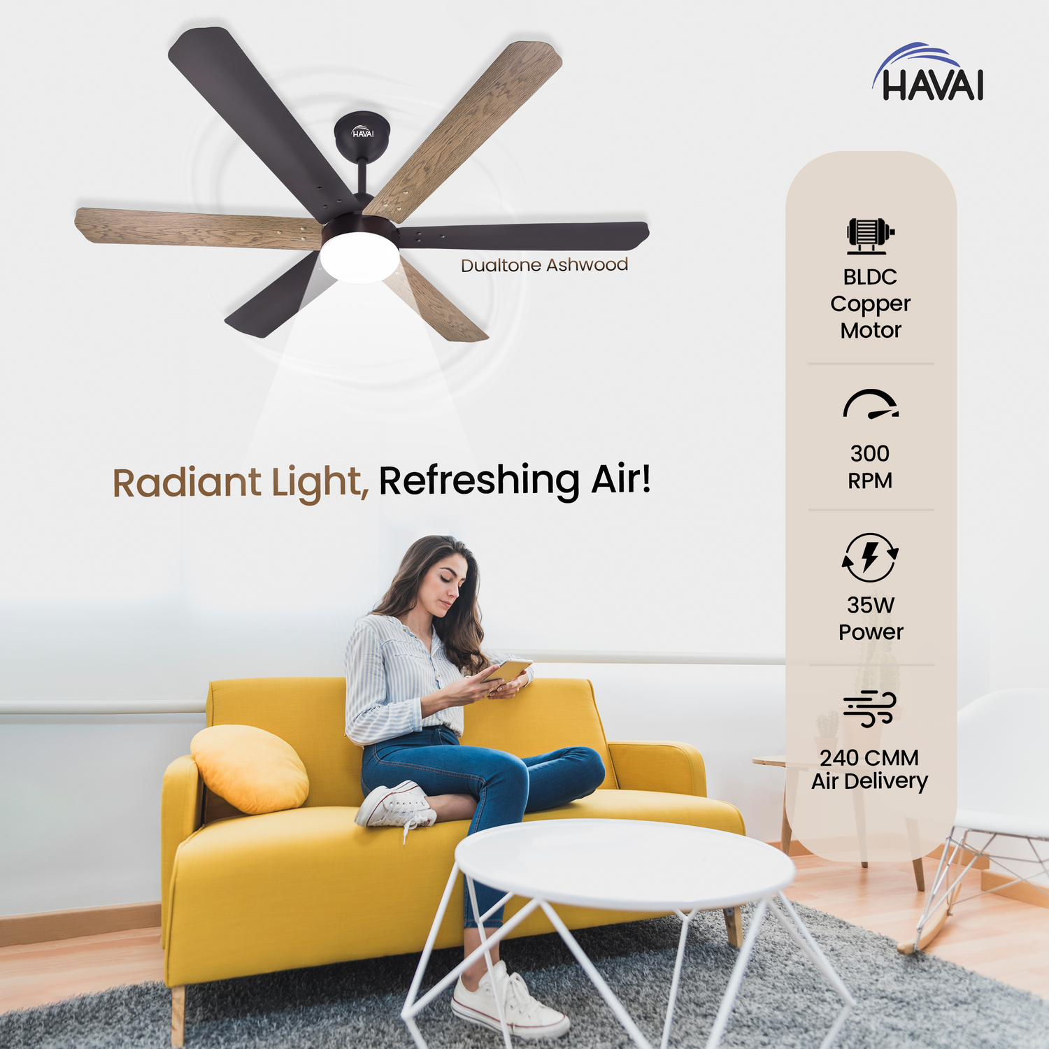 HAVAI Pristine Dualtone Range BLDC Ceiling Fan - 6 Blades - 35W, Ashwood and Smoke Brown 1200mm Blade with Remote (White Motor – 9W LED)