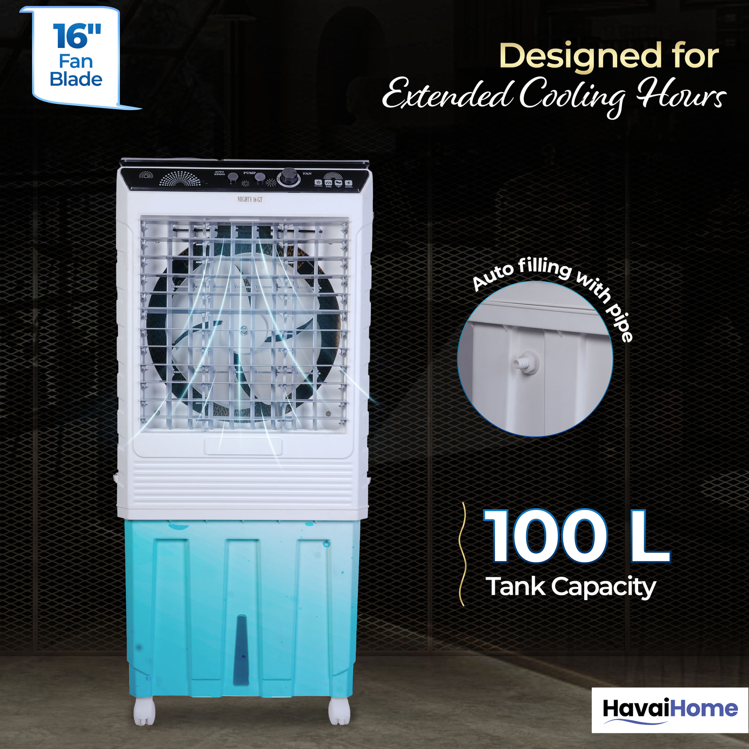 HAVAI Mighty 16 GT Glass Top Desert Air Cooler for Home &amp; Commercial Use | 16 Inch Fan, 100L Tank, 5190 m³/hr Air Delivery | 350 Sq Ft Coverage | Honeycomb Pads, Aluminium Motor, Low Noise | White &amp; Grey