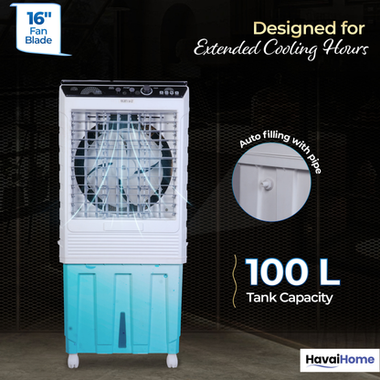 HAVAI Mighty 16 GT Glass Top Desert Air Cooler for Home &amp; Commercial Use | 16 Inch Fan, 100L Tank, 5190 m³/hr Air Delivery | 350 Sq Ft Coverage | Honeycomb Pads, Aluminium Motor, Low Noise | White &amp; Grey