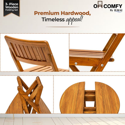 HAVAI Teakwood Foldable Balcony Furniture Set | 2 Chairs &amp; 1 Table | Premium Solid Teak Wood Outdoor Patio Set | Garden, Balcony, Terrace &amp; Cafe Furniture | Pre-Assembled Natural Wood Finish (BROWN)