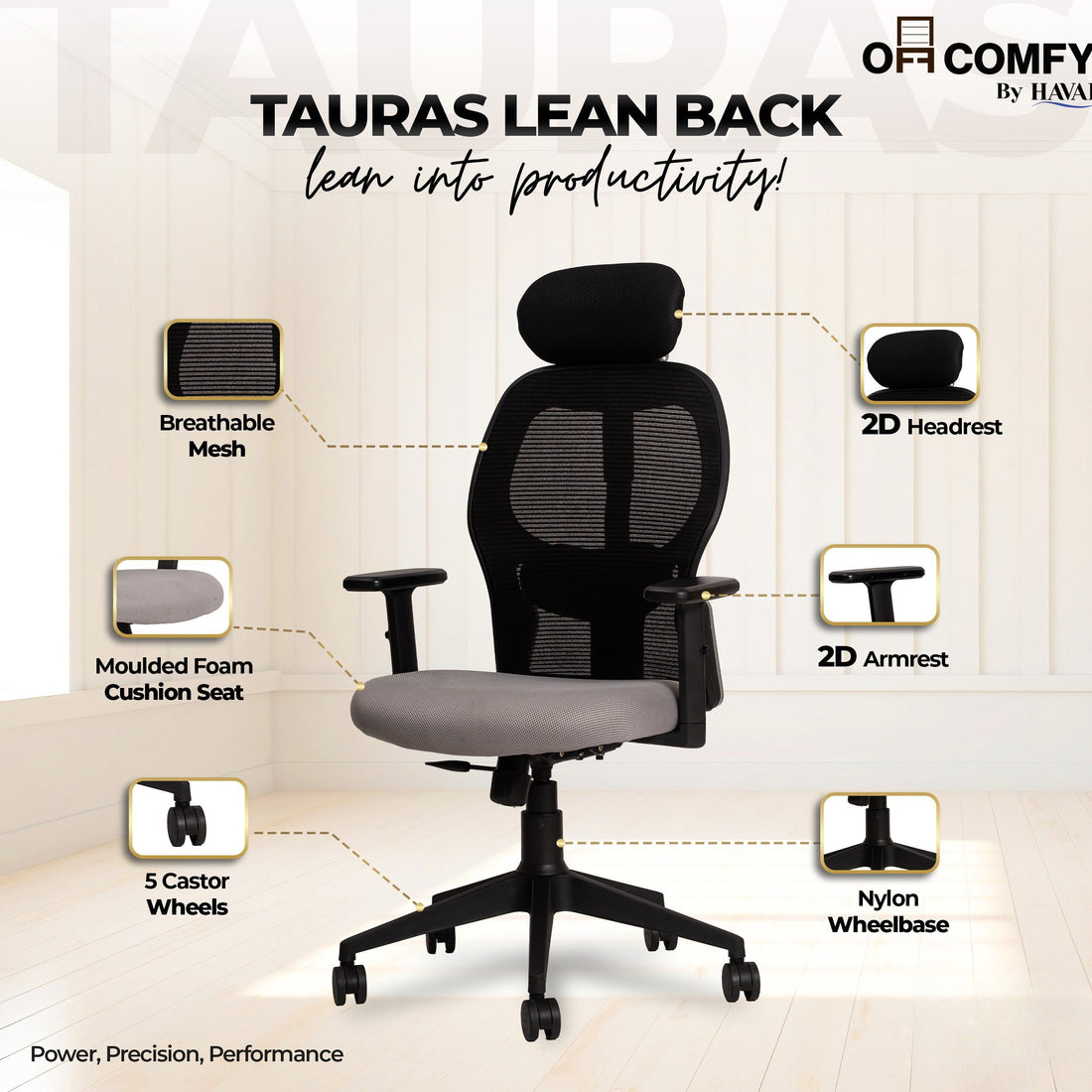 Tauras Lean Back High Back Mesh Ergonomic Office Chair | Single Lock Synchro Tilt | Nylon Base | Class 4 Gaslift | 2D Adjustable Armrests | 50mm Casters | Premium Mesh Back &amp; Fabric Seat