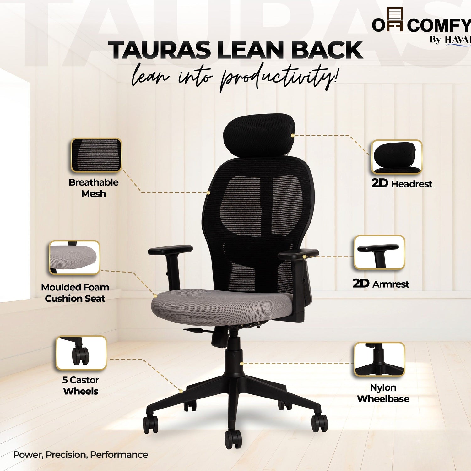 Tauras Lean Back High Back Mesh Ergonomic Office Chair | Single Lock Synchro Tilt | Nylon Base | Class 4 Gaslift | 2D Adjustable Armrests | 50mm Casters | Premium Mesh Back &amp; Fabric Seat