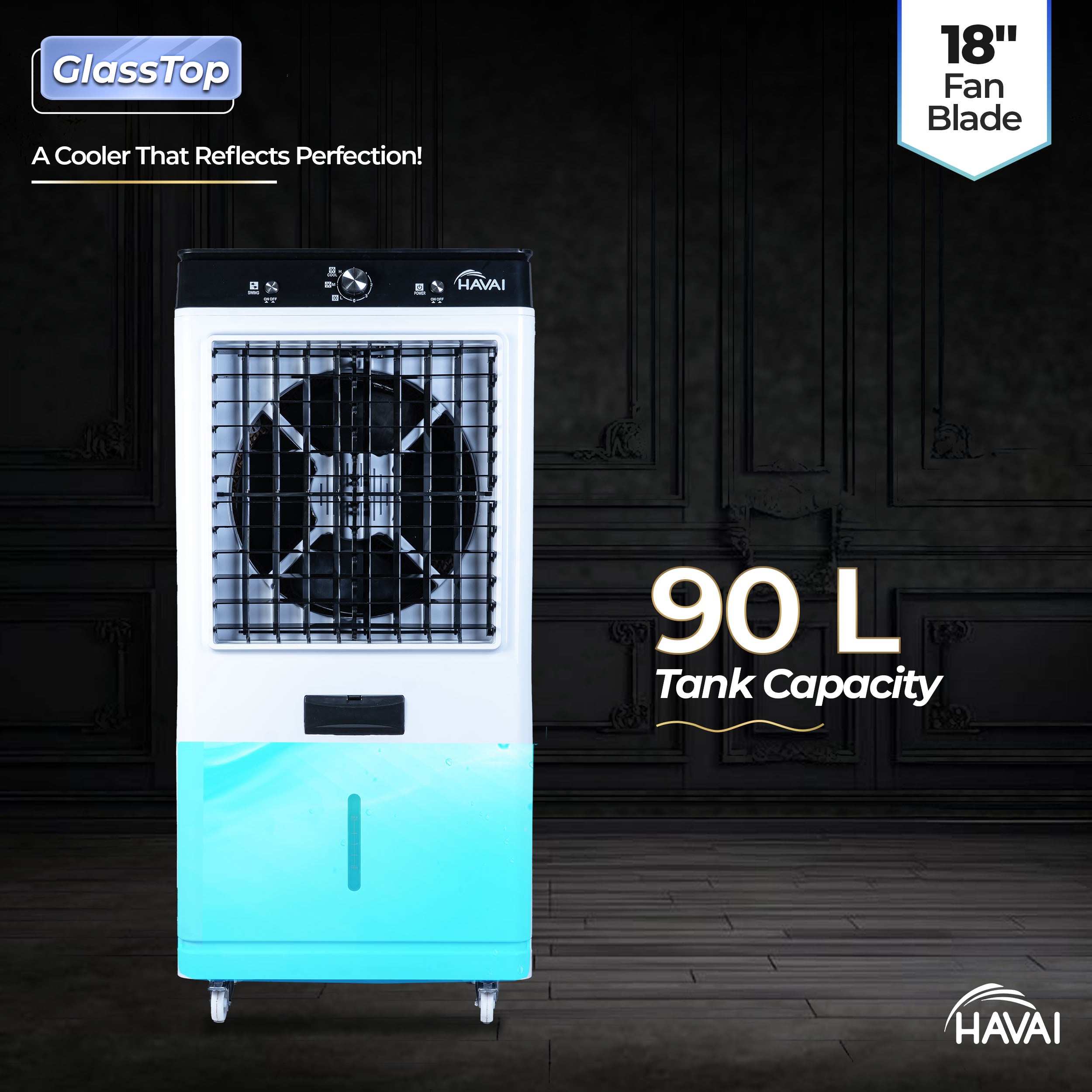 HAVAI Premium Glass Top GT 18 Air Cooler | 90L Tank Capacity | 18&quot; Fan Blade | 250W Power | 75ft Air Throw | 3-Side Honeycomb Cooling | Sleek Glass Top Design | 4 Castor Wheels